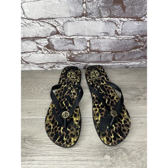 Tory Burch Animal Leopard Cheetah Print Black FlipFlops Sandals Women 9M US/40EU - Picture 1 of 16